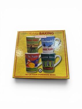Oneida Holiday Baking Stoneware Christmas Cups Mugs 4 Piece Set Open Box Unused